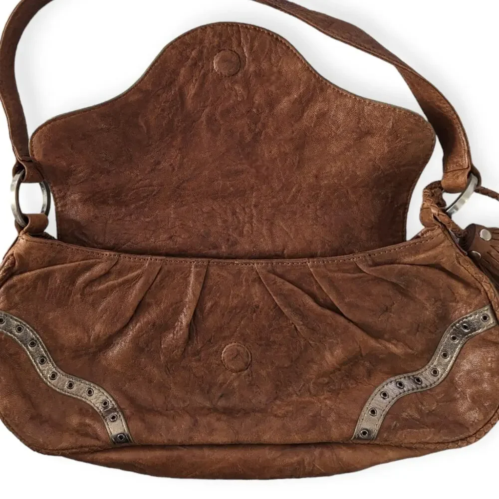 Chestnut leather purse handbag with metallic trim